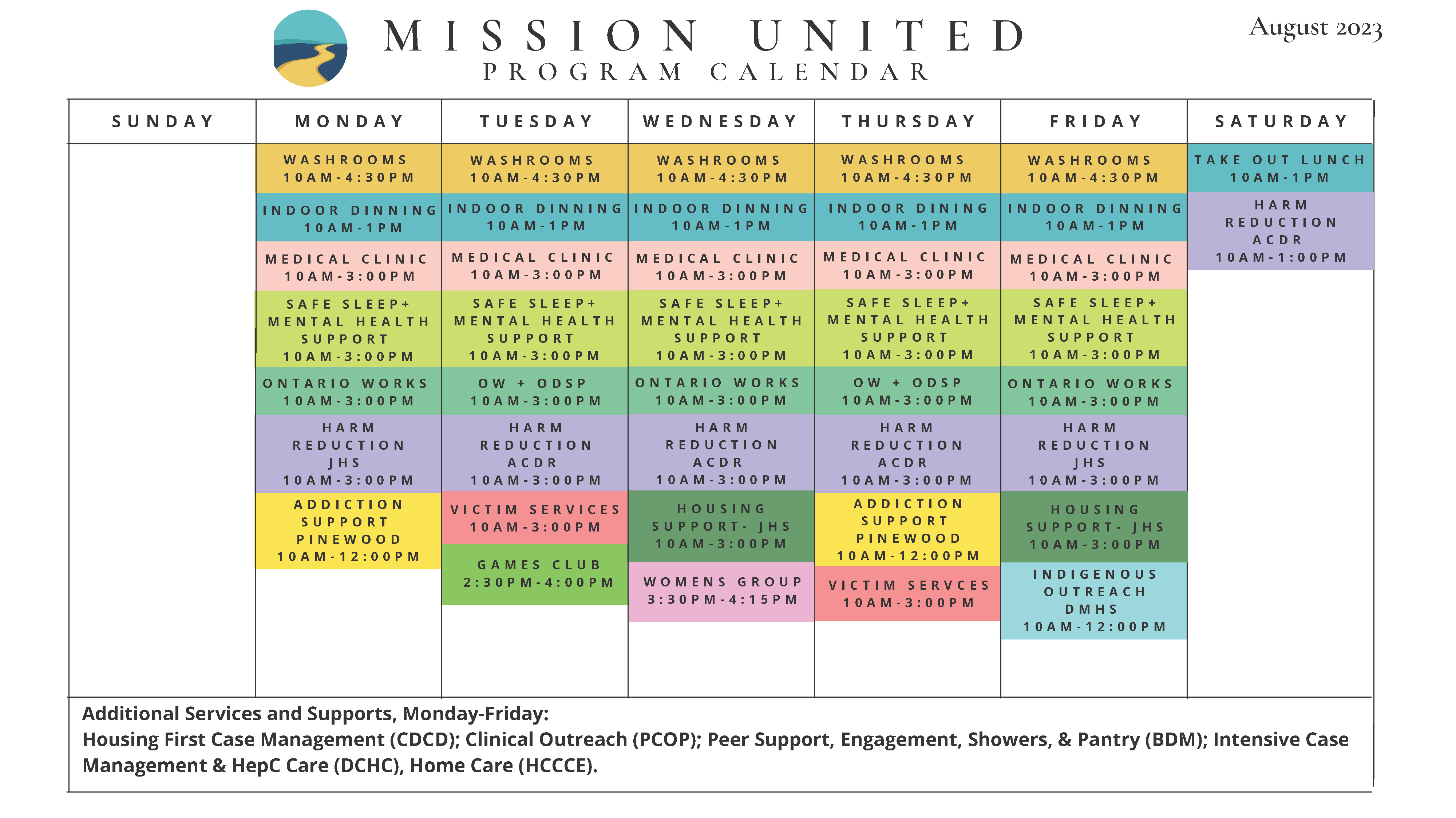 The image is of a Sunday to Saturday calendar with activities listed for each day.