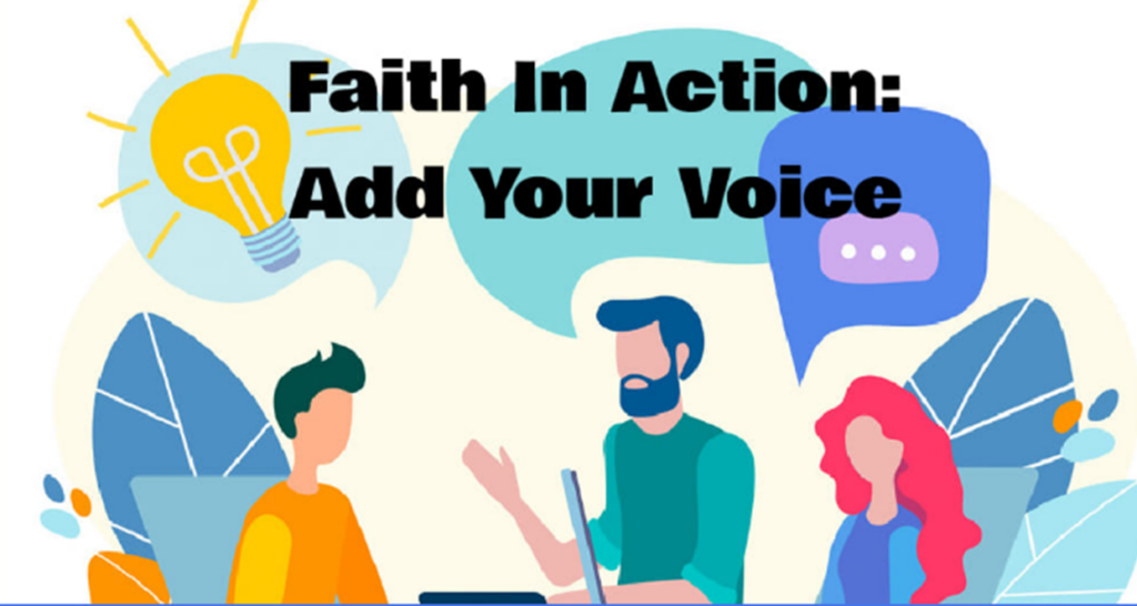 Illustration of people talking with the text Faith In Action - Add Your Voice
